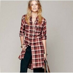 Free People Plaid Metallic Shimmer Shirt Dress Red Black Frayed Hem Tunic Medium